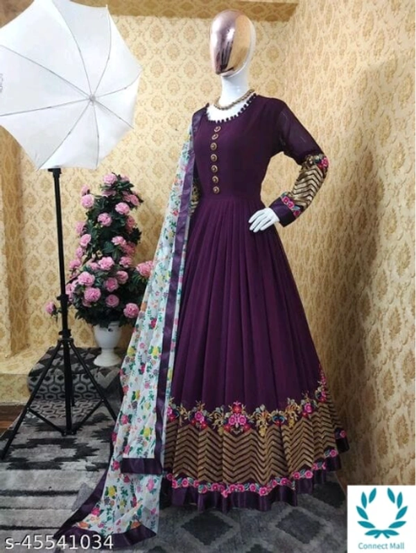 Purple Georgette Long Gown - Free Size, Purple, Georgette, Embroidered, Pack of :1